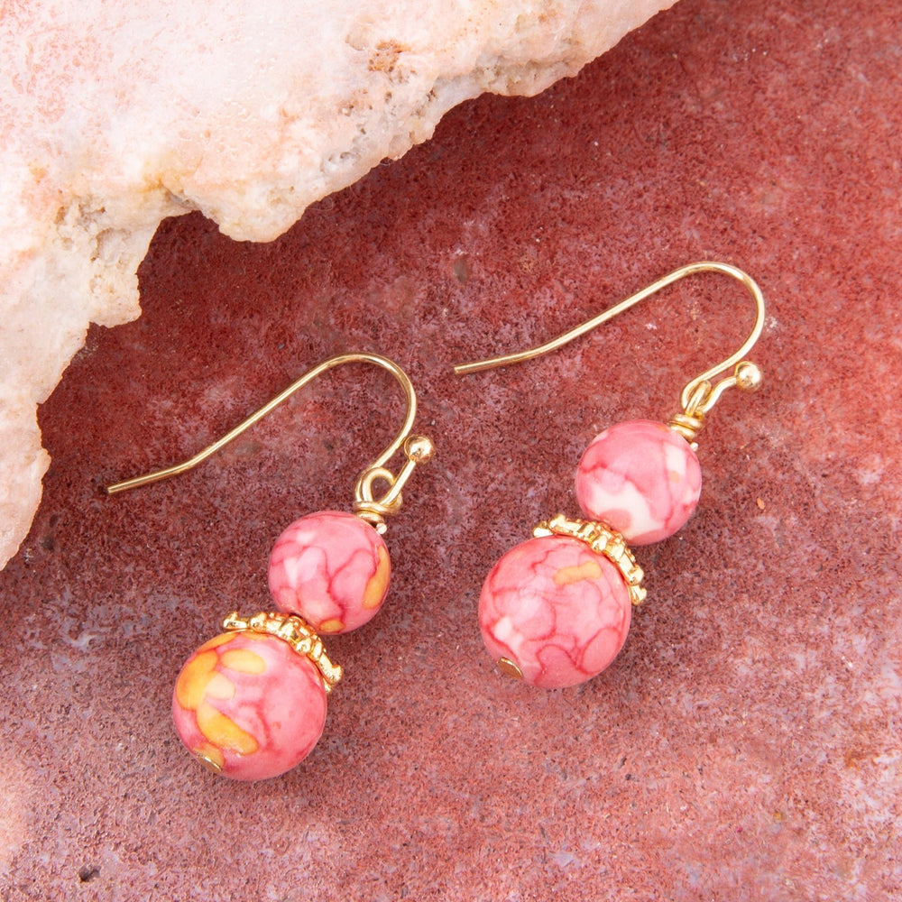 Mottled Pink Jade Golden Drop Earrings from KADOU Boutique