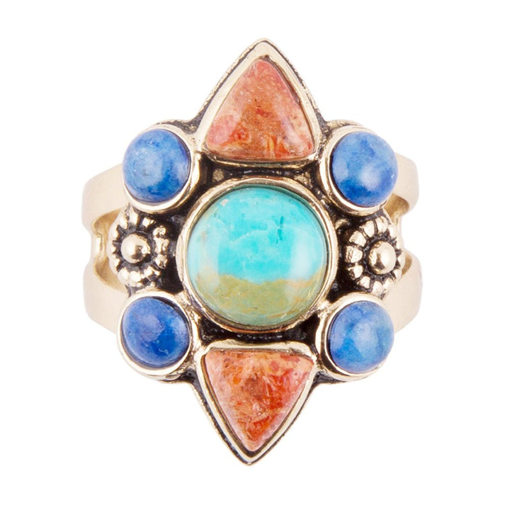 Blue Turquoise and Colorful Multi-Stone Golden Statement Ring