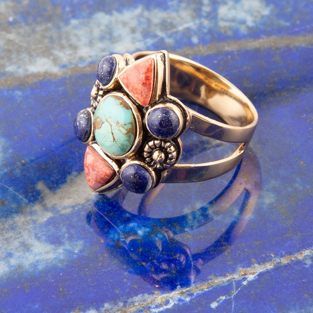 Blue Turquoise and Colorful Multi-Stone Golden Statement Ring from KADOU Boutique