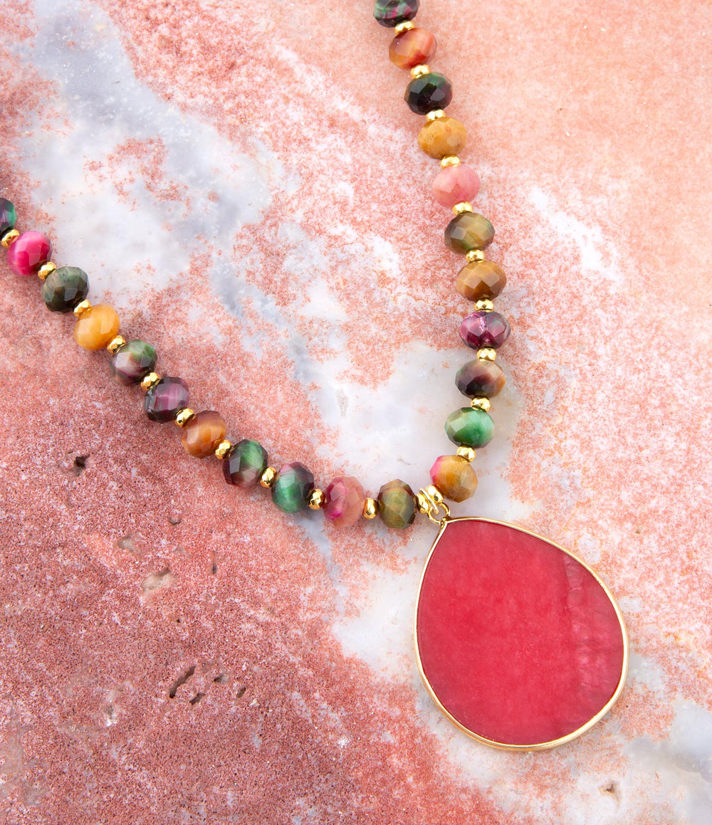 Jeweled Multicolor Tiger's Eye and Pink Jade Pendant Golden Necklace from KADOU Boutique