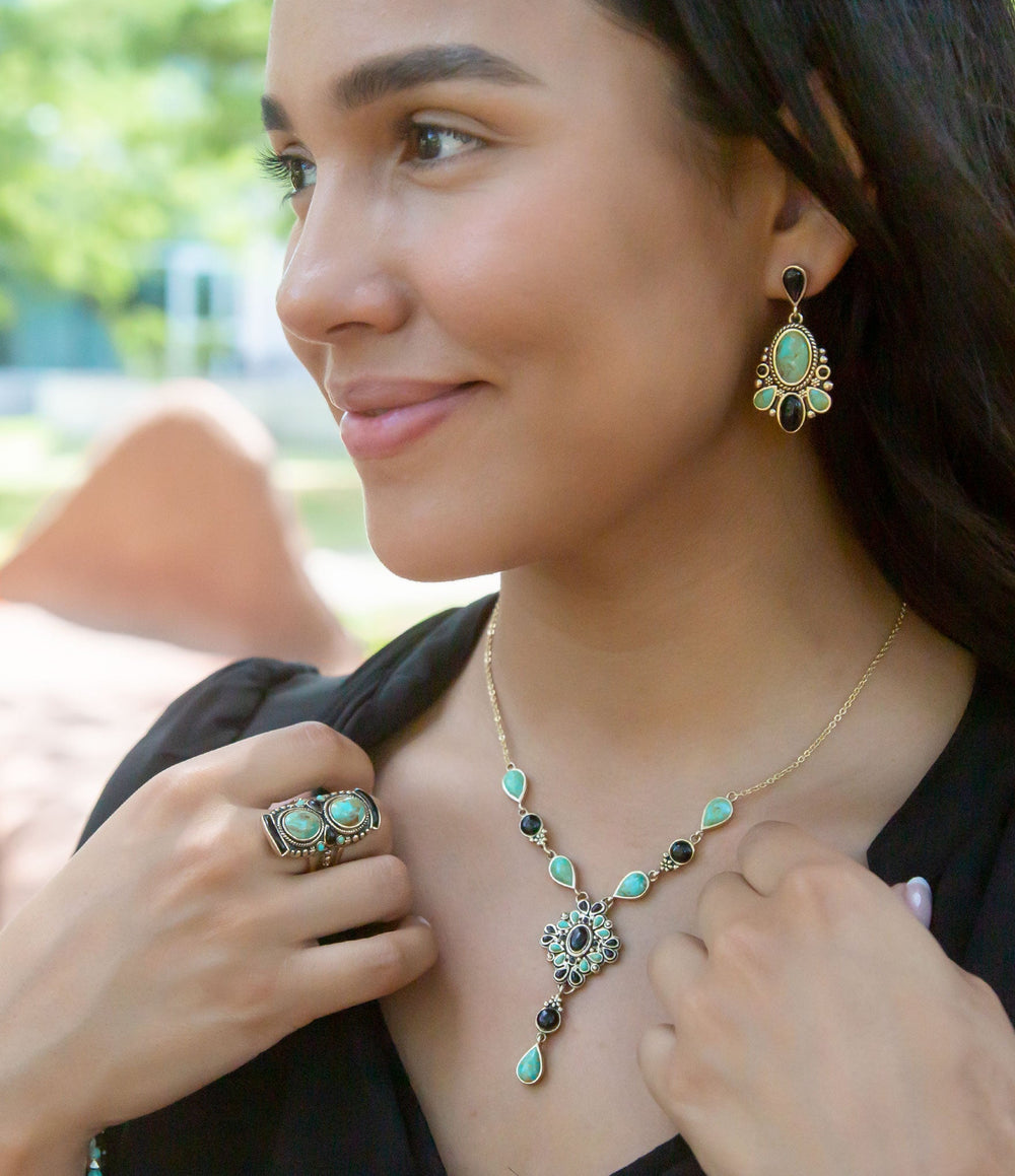 Barcelona Black Onyx and Blue Turquoise Golden Y-Necklace from KADOU Boutique
