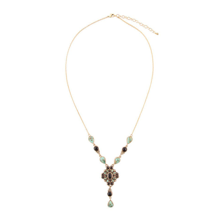 Barcelona Black Onyx and Blue Turquoise Golden Y-Necklace