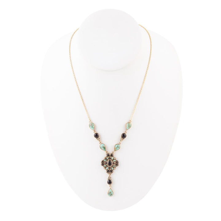 Barcelona Black Onyx and Blue Turquoise Golden Y-Necklace