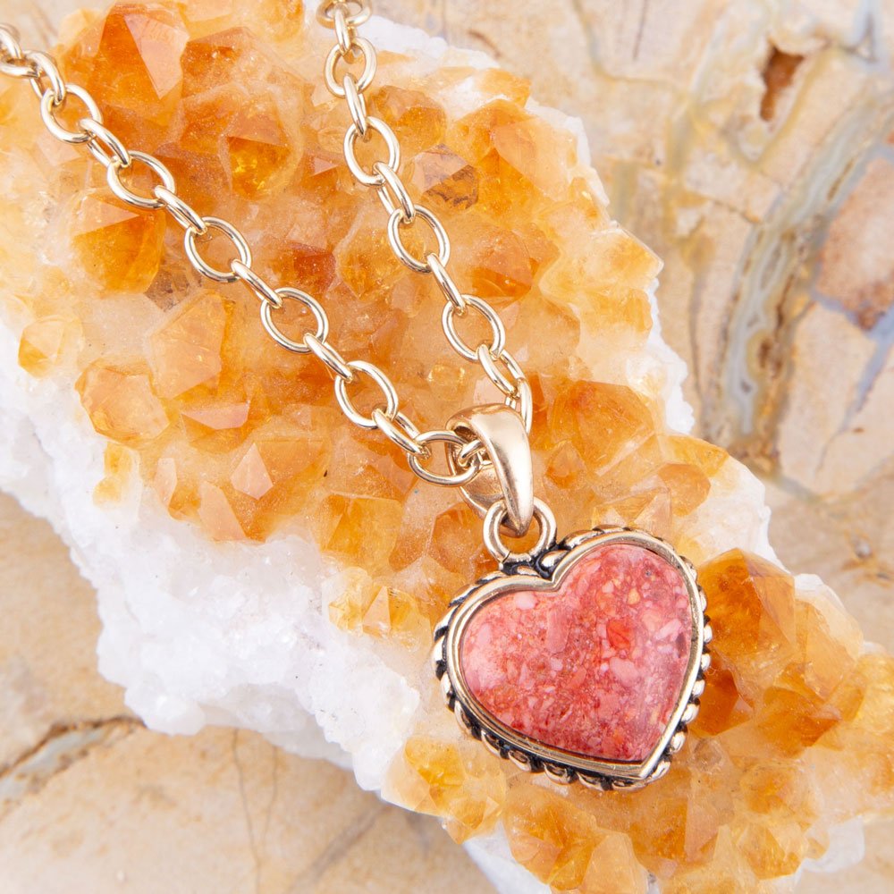 Orange Sponge Coral Heart Pendant and Golden Bronze Necklace from KADOU Boutique