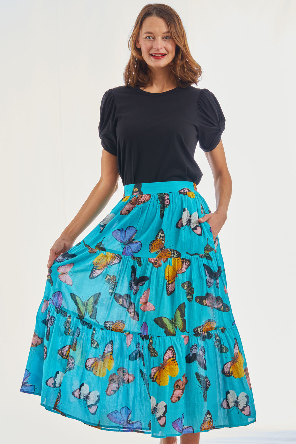 Woodstock Turquoise Butterfly Pull On Flounce Skirt from KADOU Boutique