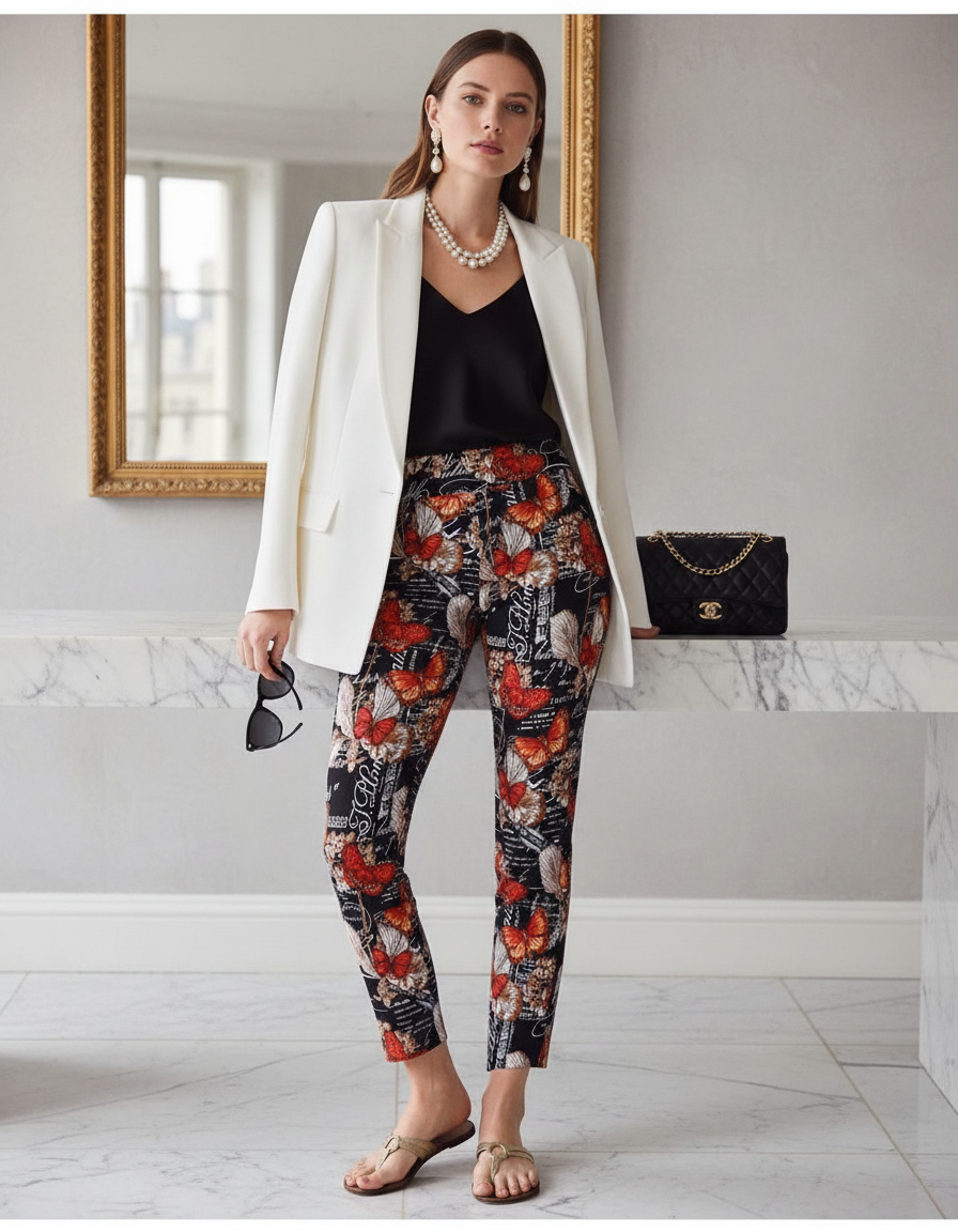 Krazy Larry P507 Pull On Pant - Black French Butterfly from KADOU Boutique