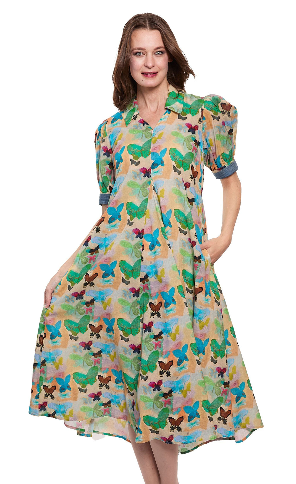 Montauk Dress Linen Cotton Neutral Butterfly Print from KADOU Boutique