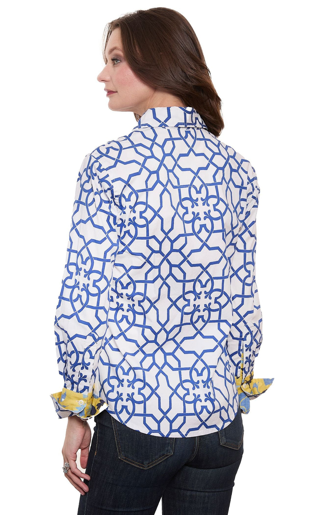 Rome Shirt Navy White Geo Print Cotton Sateen with Stretch from KADOU Boutique
