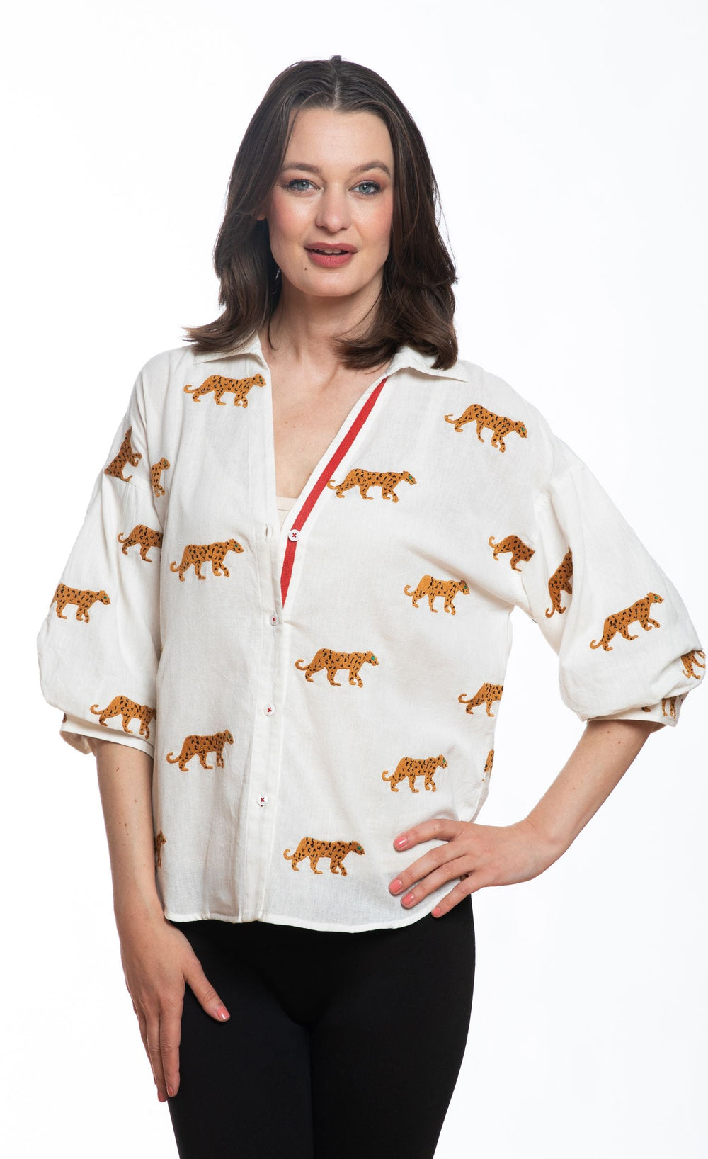 Milano Top Ivory Embroidered Cheetahs from KADOU Boutique