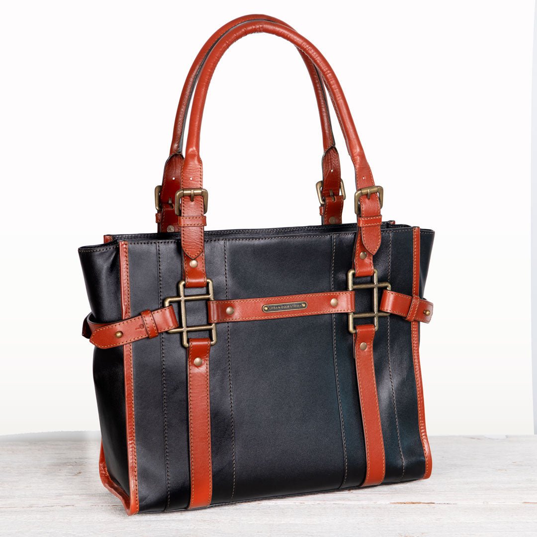 Paddock -  Halter Tote Luxury Leather Handbag in Cognac on Black