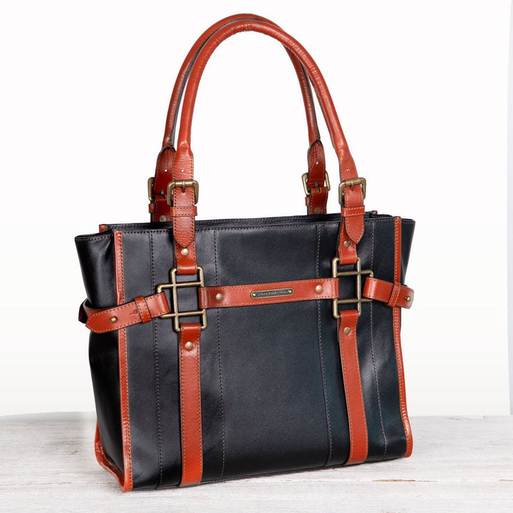 Paddock -  Halter Tote Luxury Leather Handbag in Cognac on Black