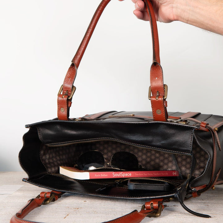 Paddock -  Halter Tote Luxury Leather Handbag in Cognac on Black