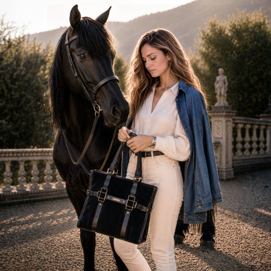 Paddock -  Halter Tote Luxury Leather Handbag in Black on Black