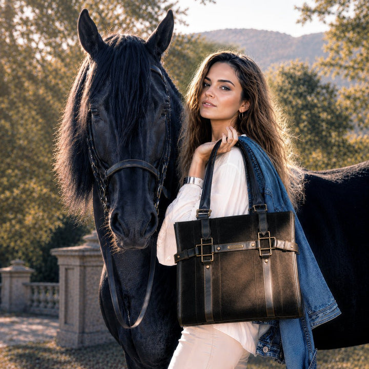 Paddock - Halter Tote Luxury Leather Handbag in Black On Black from KADOU Boutique