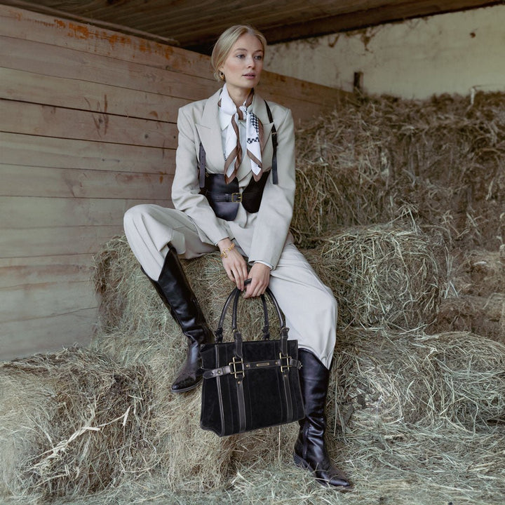 Paddock -  Halter Tote Luxury Leather Handbag in Black on Black