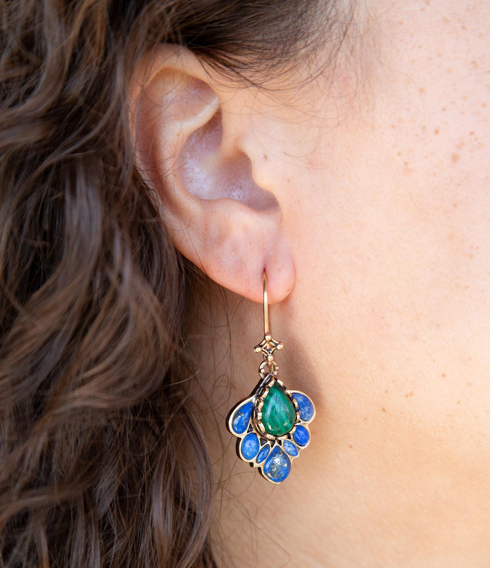 Peacock Blue Lapis Golden Drop Earrings from KADOU Boutique