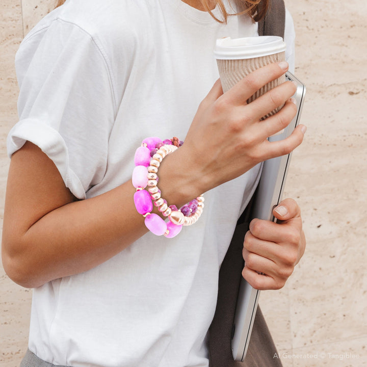 Peony Fuchsia Pink Jade Golden Stretch Bracelet Set