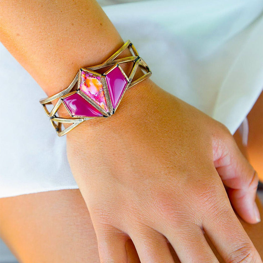 Pink Agate and Coral Matrix Golden Cuff Bracelet from KADOU Boutique
