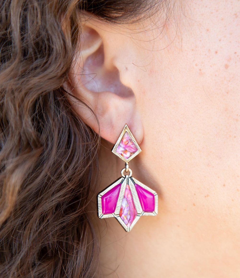 Pink Agate and Shell Matrix Golden Statement Earrings from KADOU Boutique