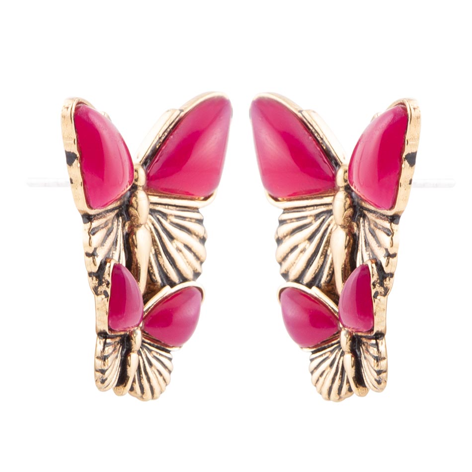 Pink Agate Golden Butterflies Post Earrings