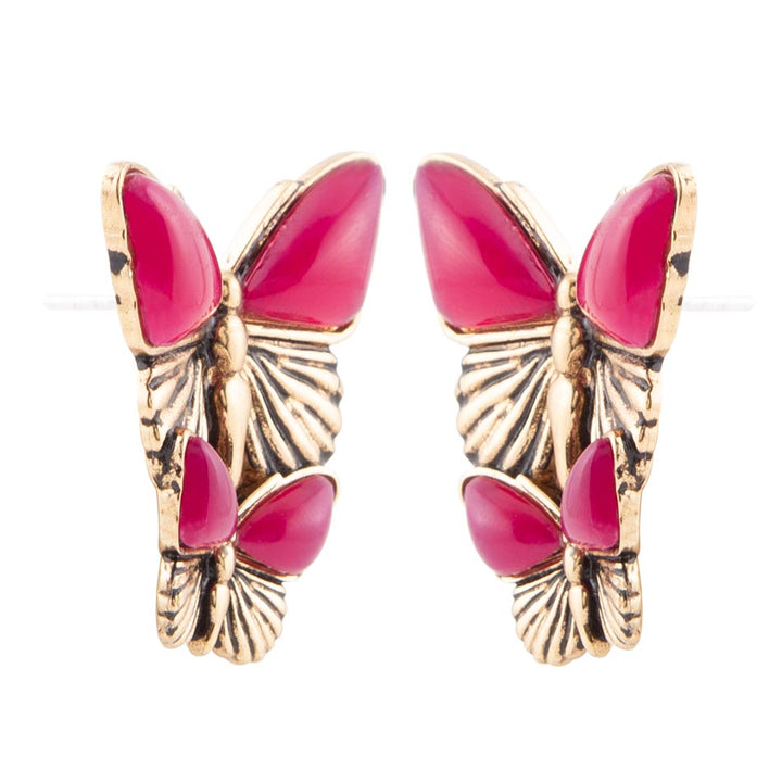 Pink Agate Golden Butterflies Post Earrings