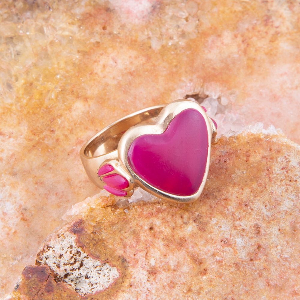 Pink Agate Heart Golden Statement Ring from KADOU Boutique