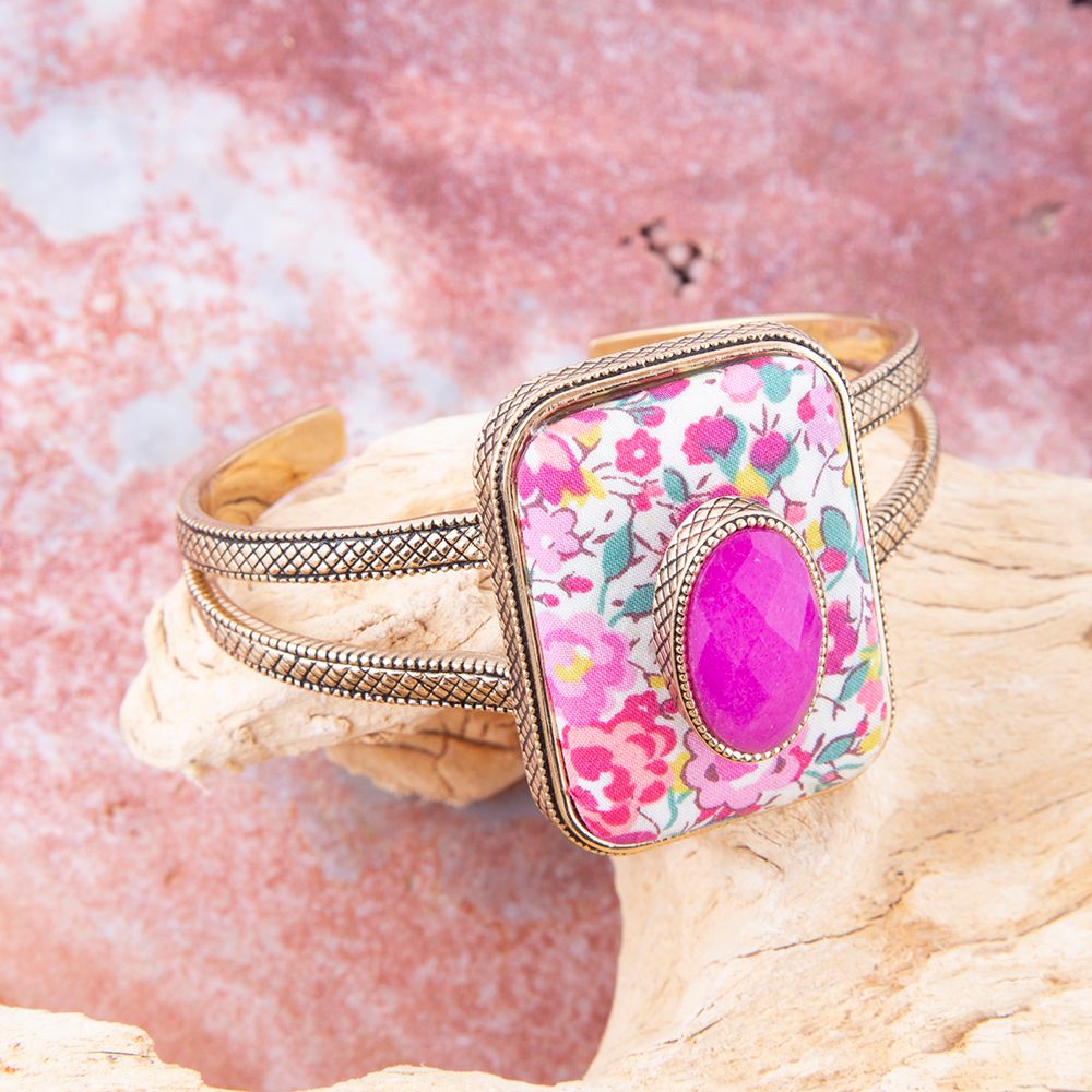 Pink Agate Stacked Stone Floral Cuff Bracelet from KADOU Boutique