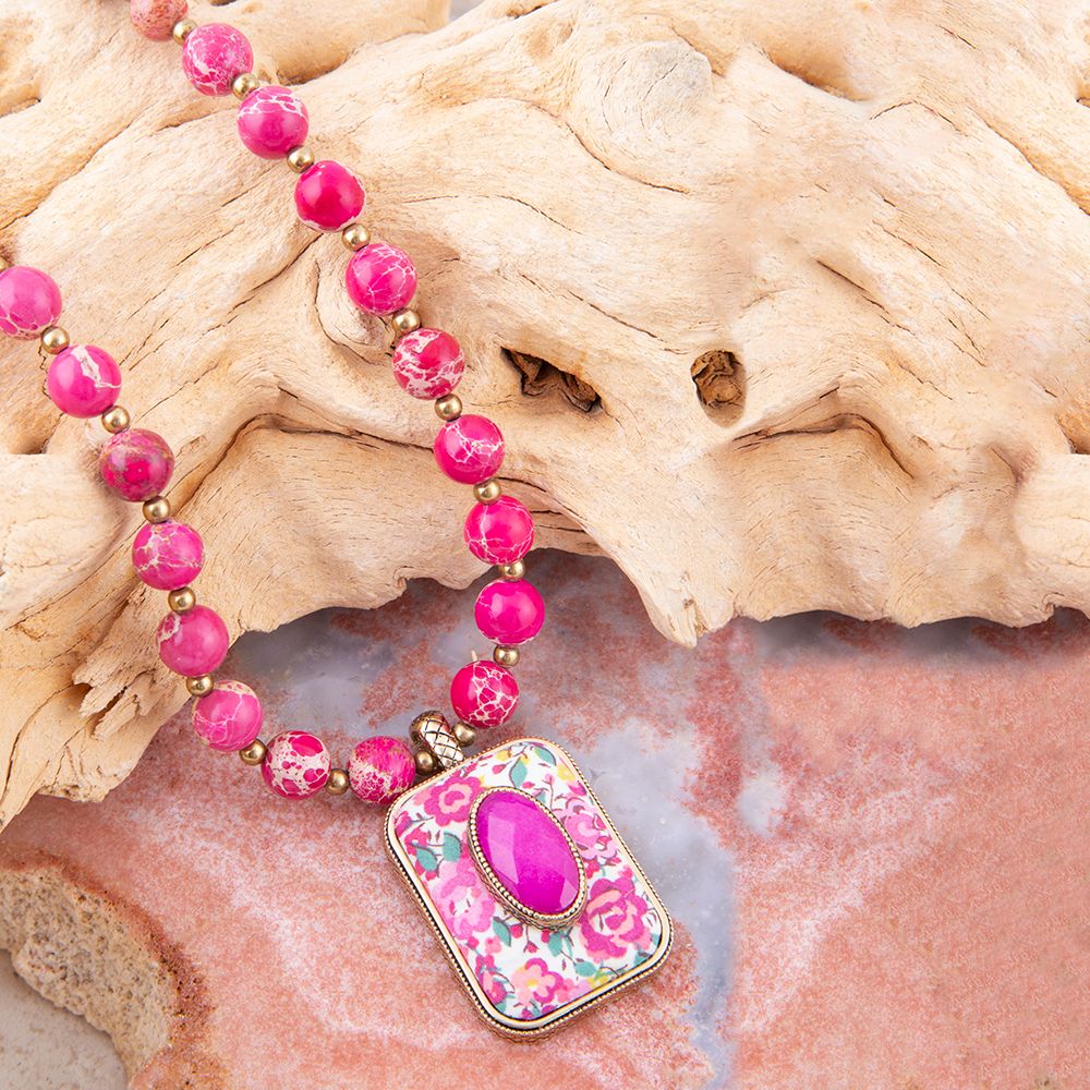 Pink Agate Stacked Stone Floral Pendant Necklace from KADOU Boutique