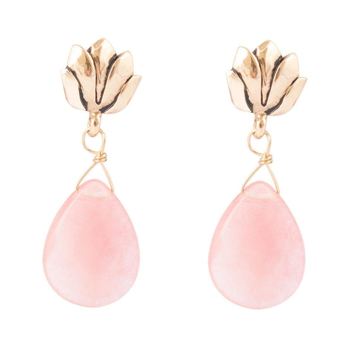 Pink quartz golden lotus drop earrings