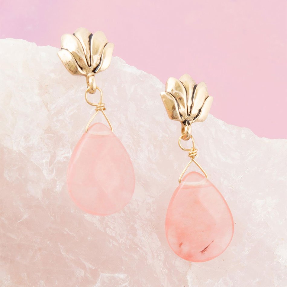 Pink quartz golden lotus drop earrings