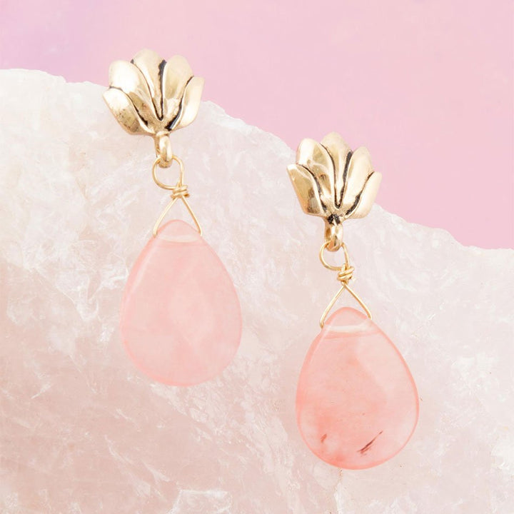 Pink quartz golden lotus drop earrings