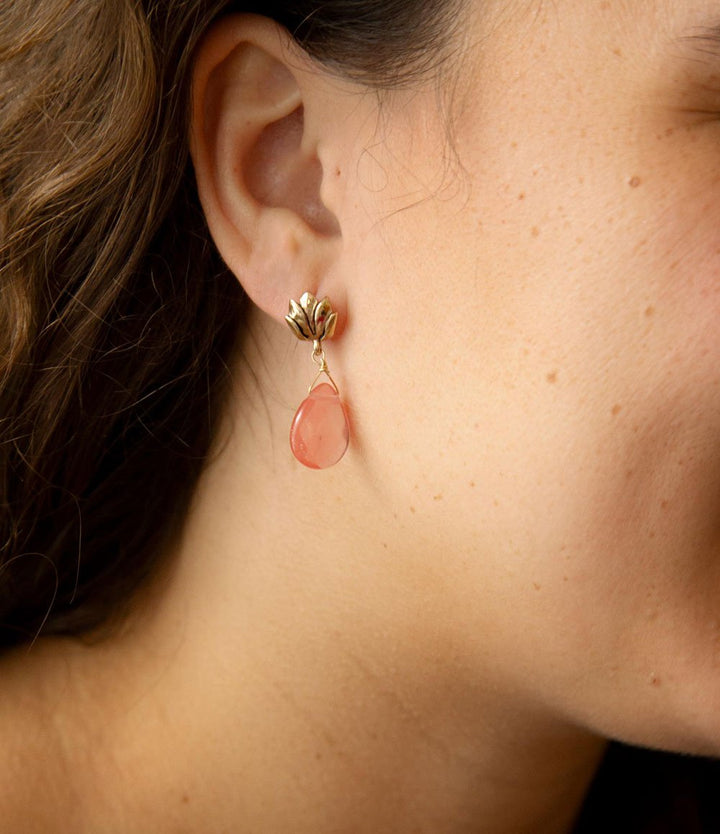 Pink quartz golden lotus drop earrings