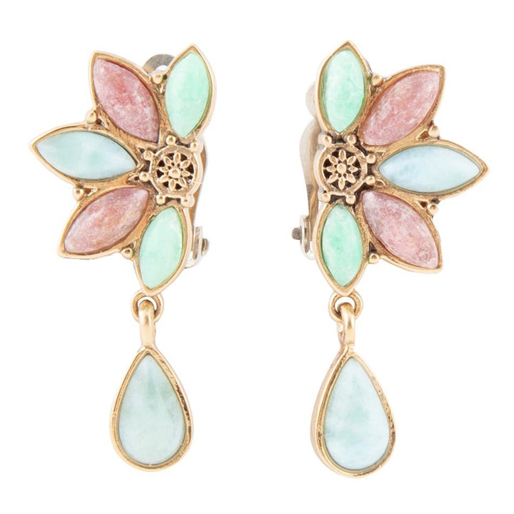 Pink Rhodonite Blue Amazonite and Varacite Petals Golden Clip Earrings