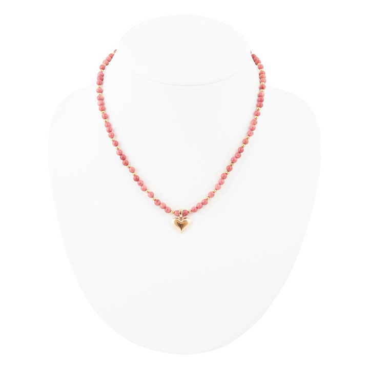 Pink Rhodonite and Golden Bronze Heart Pendant Necklace