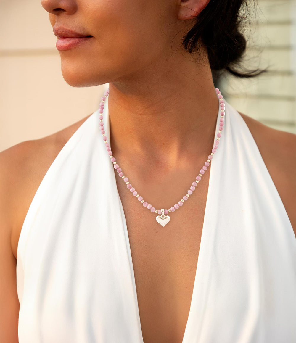 Pink Rhodonite and Golden Bronze Heart Pendant Necklace from KADOU Boutique