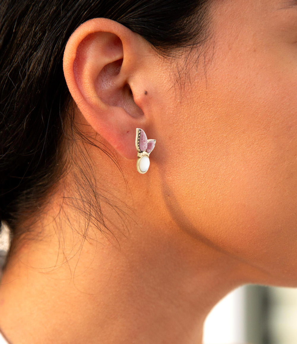 Pink Rhodonite and White Mother of Pearl Golden Butterflies Post Earrings from KADOU Boutique
