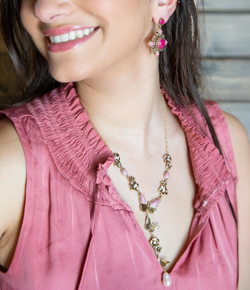 Pink Rhodonite and White Pearl Golden Butterflies Y Necklace from KADOU Boutique