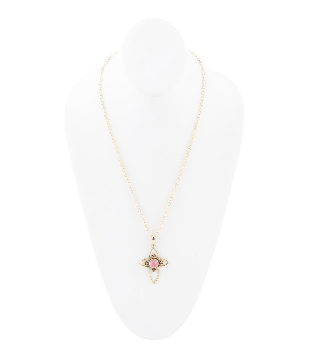 Pink rhodonite golden cross pendant necklace
