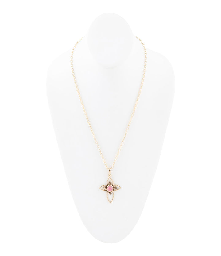 Pink rhodonite golden cross pendant necklace