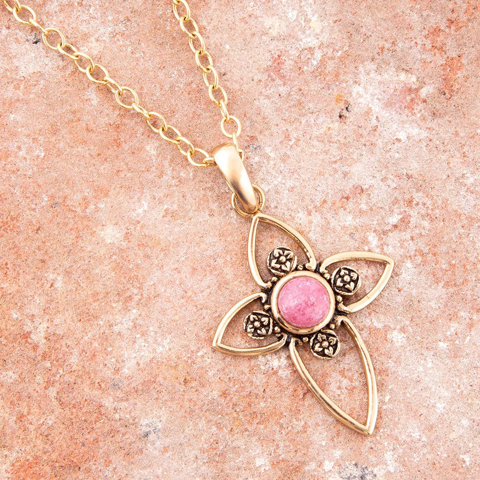 Pink rhodonite golden cross pendant necklace