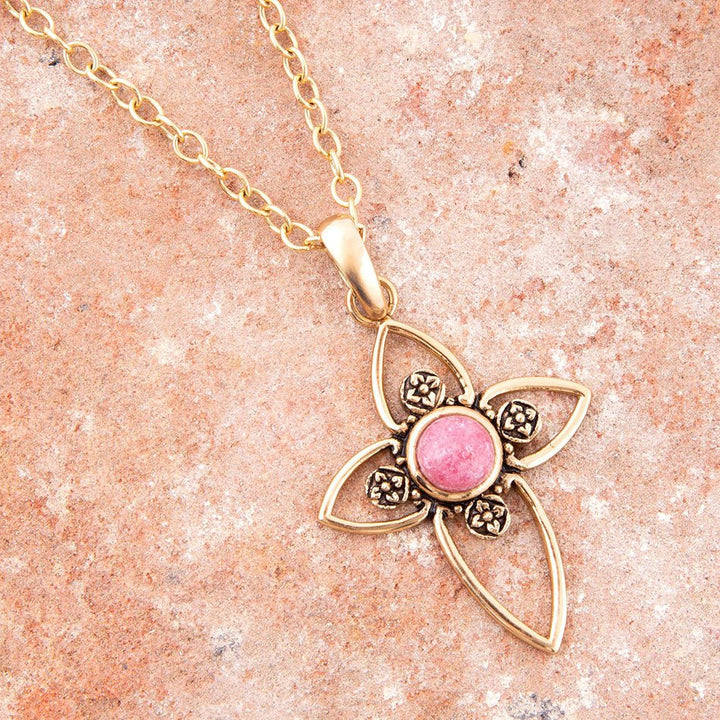 Pink rhodonite golden cross pendant necklace