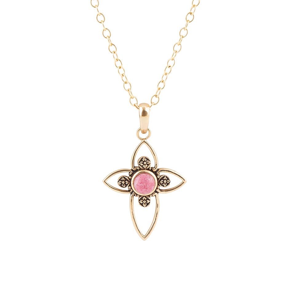 Pink rhodonite golden cross pendant necklace