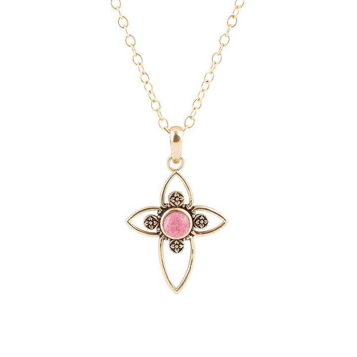 Pink rhodonite golden cross pendant necklace