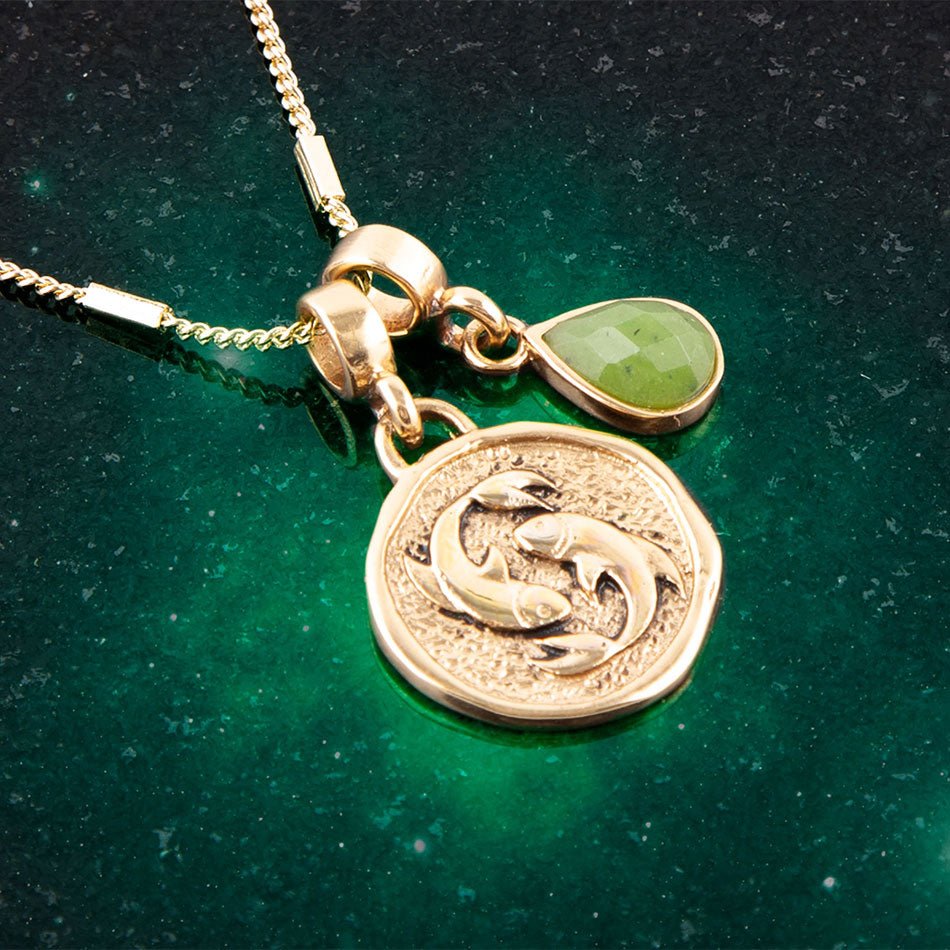 Pisces - Zodiac Green Jade Golden Charm Necklace from KADOU Boutique
