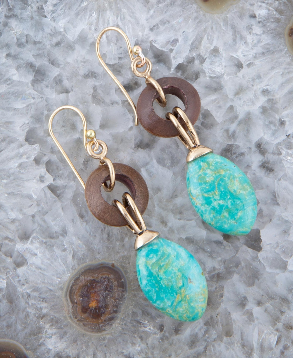 Precious Green Turquoise and Wood Golden Bronze Drop Earrings from KADOU Boutique