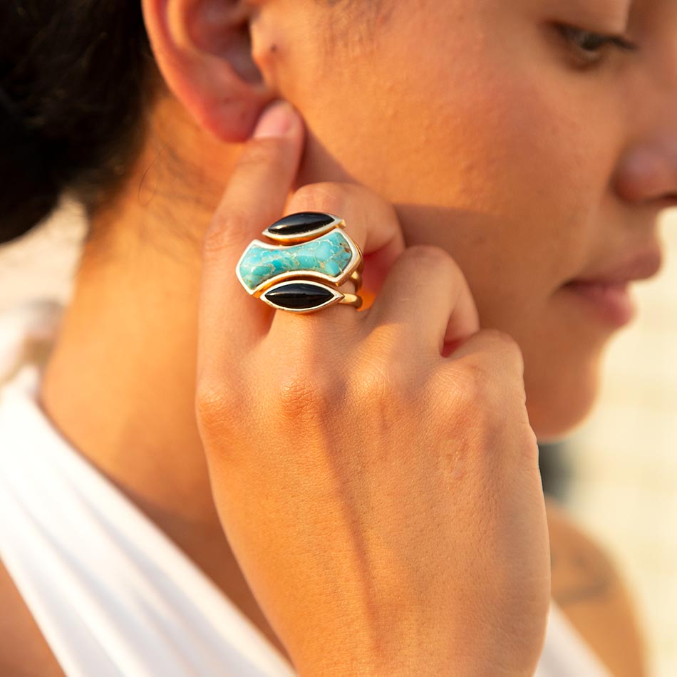 Puzzle Blue Turquoise and Black Onyx Golden Ring Set from KADOU Boutique