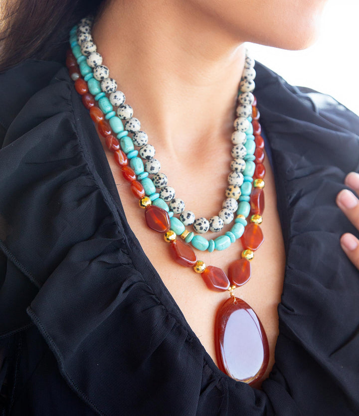 Red Carnelian Colorful Golden Pendant Necklace