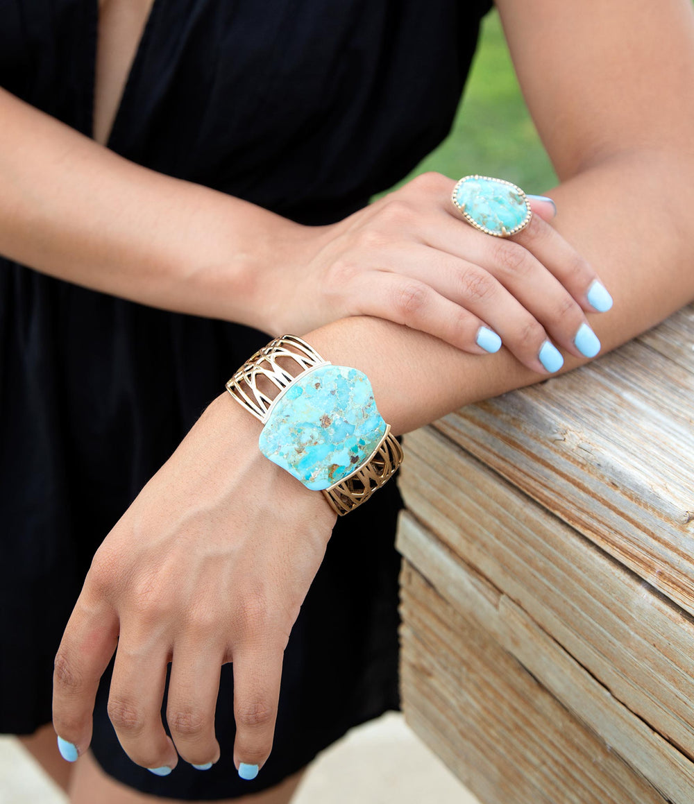 Refined Blue Turquoise Golden Statement Ring from KADOU Boutique