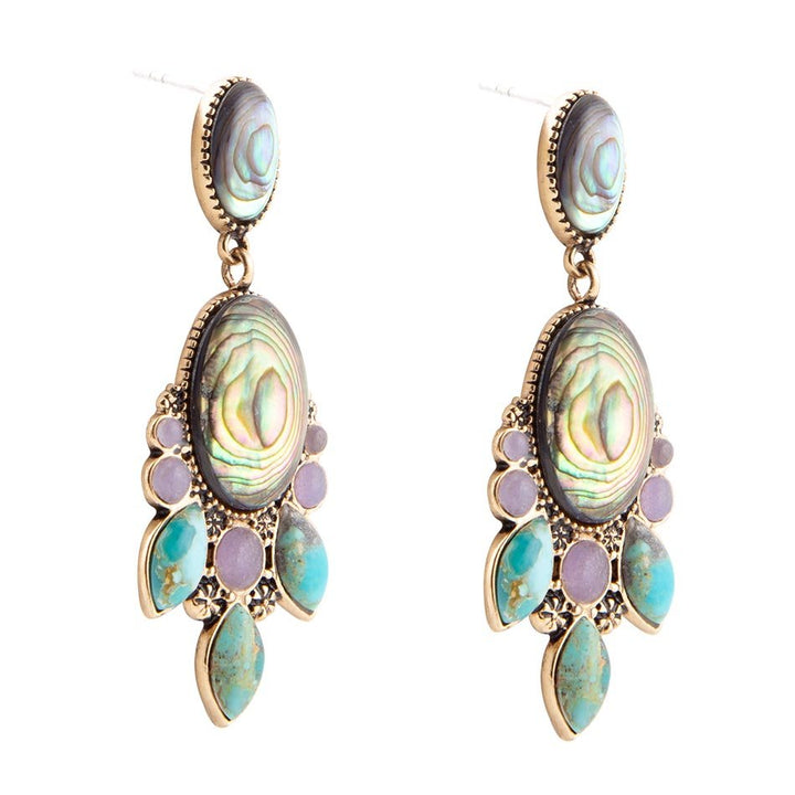 Regal Blue Abalone Mixed Stone Golden Statement Drop Earrings