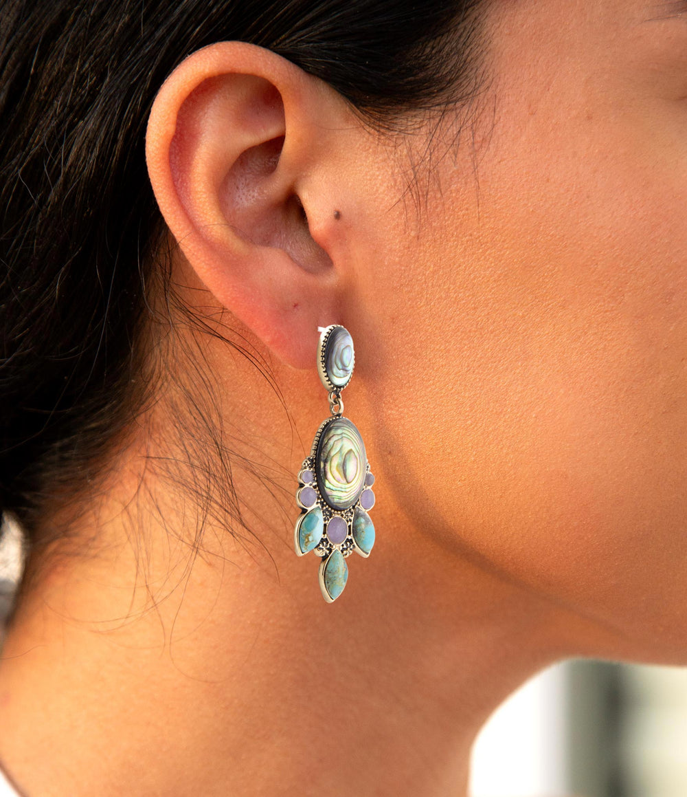 Regal Blue Abalone Mixed Stone Golden Statement Drop Earrings from KADOU Boutique